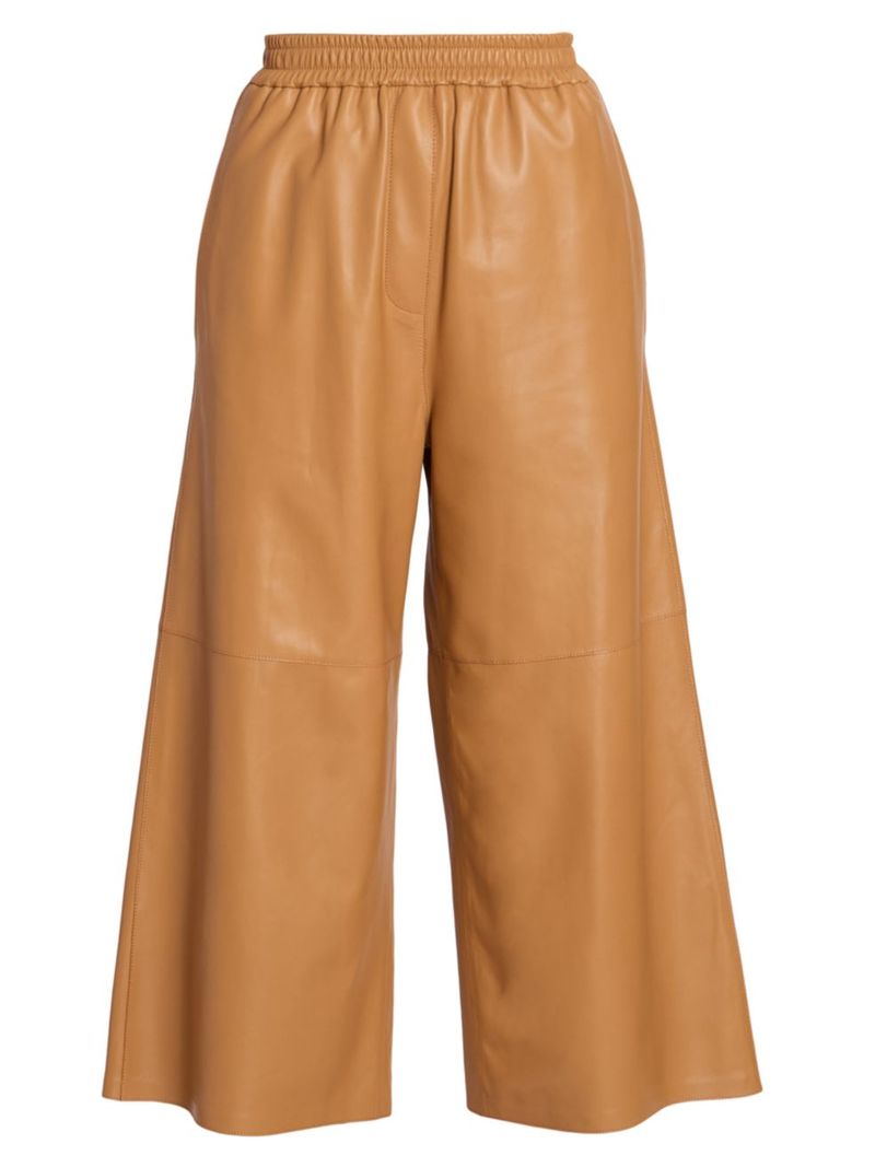 【送料無料】 ロエベ レディース カジュアルパンツ ボトムス Leather Cropped Wide-Leg Trousers toffee