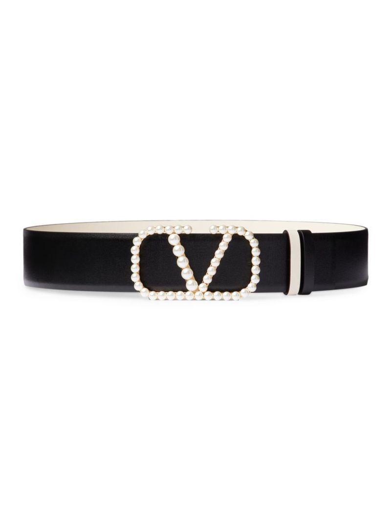 ̵ ƥ ǥ ٥ ꡼ Vlogo Signature Reversible Belt In Shiny Calfskin With Pearls 40 MM black light ivory