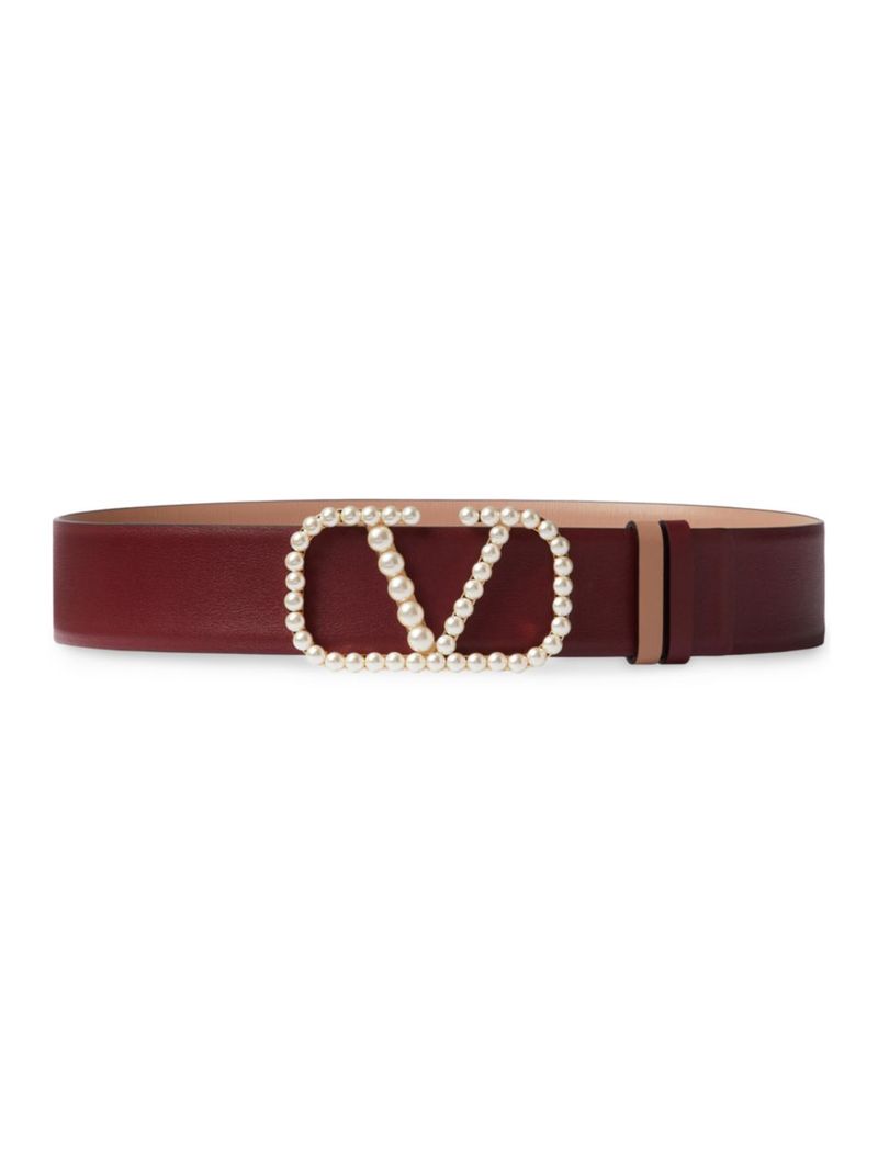 ̵ ƥ ǥ ٥ ꡼ Vlogo Signature Reversible Belt In Shiny Calfskin With Pearls 40 MM rose cannelle maroon