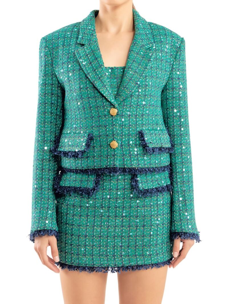 【送料無料】 エンドレスローズ レディース ジャケット・ブルゾン アウター Cropped Fringe Tweed Jacket green navy