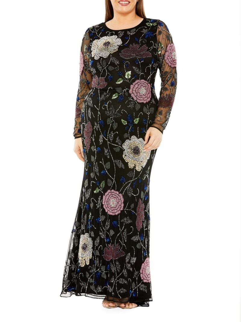 【送料無料】 マックダガル レディース ワンピース トップス Embroidered Floral Long-Sleeve Column Gown black multi