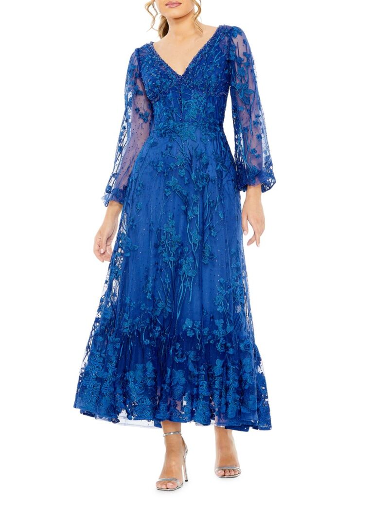 【送料無料】 マックダガル レディース ワンピース トップス Embroidered Floral Puff-Sleeve Gown royal