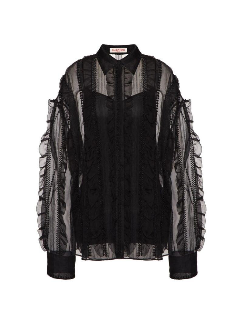 ̵ ƥ ǥ  ȥåץ Embroidered Organza Shirt black