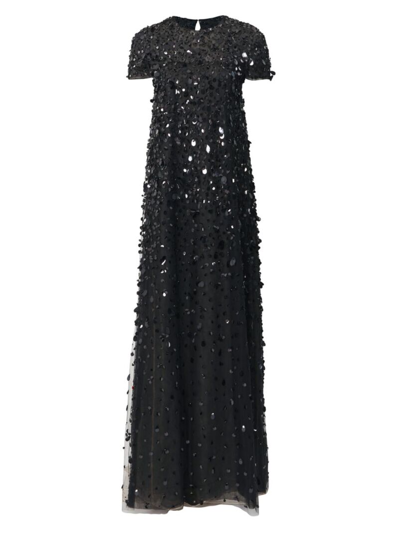 ̵ 饤ʥإ ǥ ԡ ȥåץ Sequined Short-Sleeve A-line Gown black