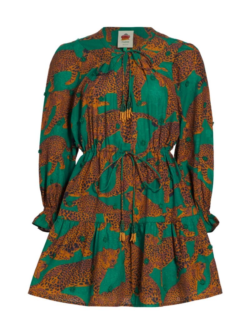 ̵ ե ǥ ԡ ȥåץ Artsy Leopards Cotton Tie-Waist Minidress green