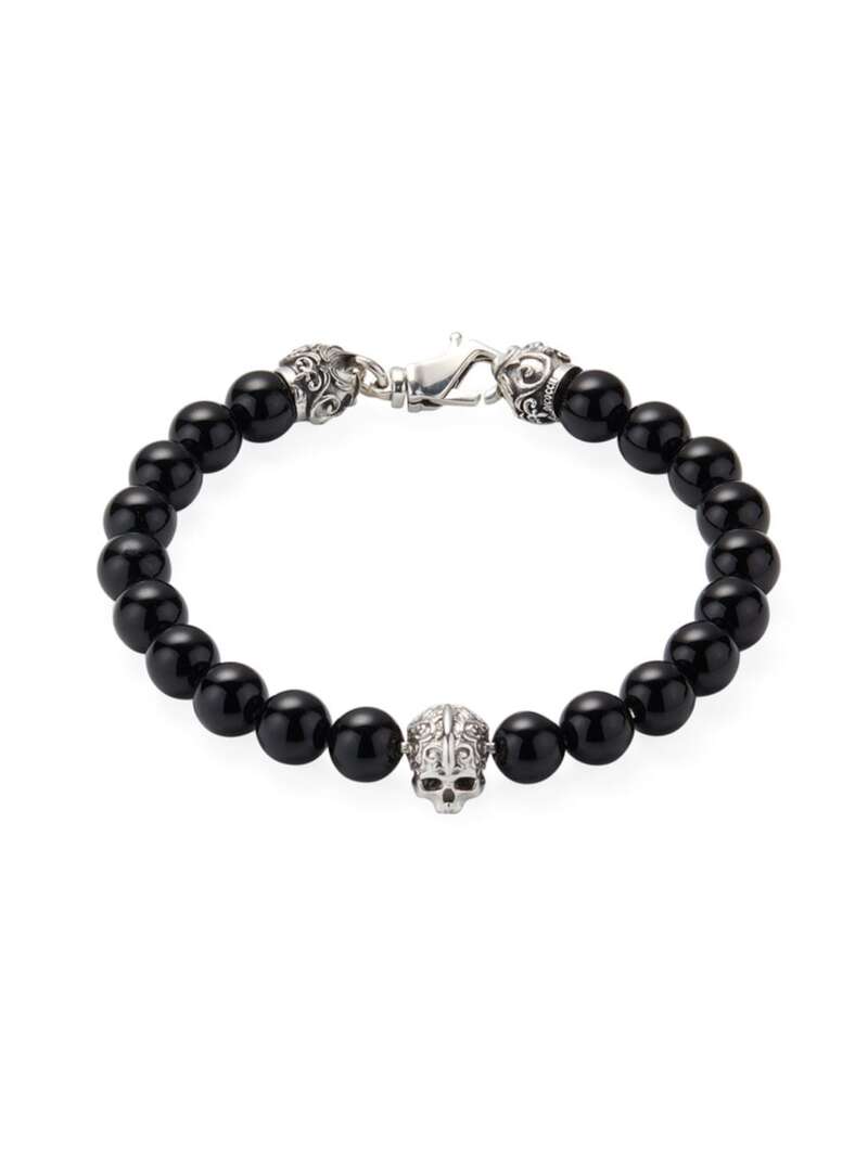 yz G}jG rRbL Y uXbgEoOEANbg ANZT[ Sterling Silver & Agate Skull & Beads Bracelet silver black