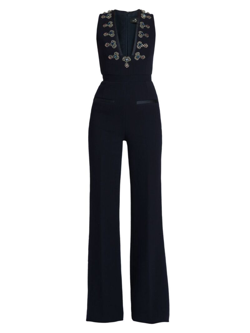 ̵ ȥ ǥ ץ ȥåץ Embellished Wool-Blend Flare Jumpsuit blue