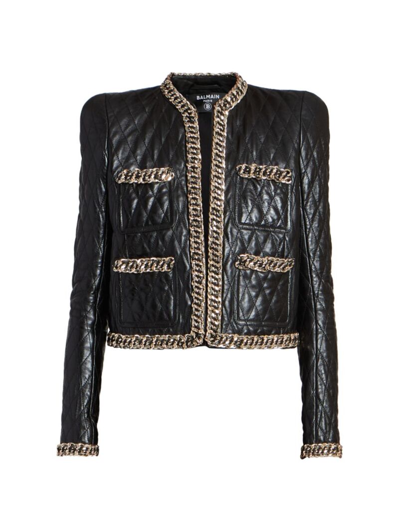 【送料無料】 バルマン レディース ジャケット・ブルゾン アウター Quilted Leather Chain Jacket blac..