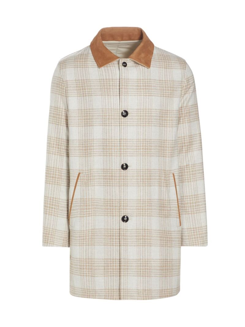 【送料無料】 キートン メンズ ジャケット・ブルゾン アウター Plaid Reversible Cashmere-Blend Rain Coat white plaid