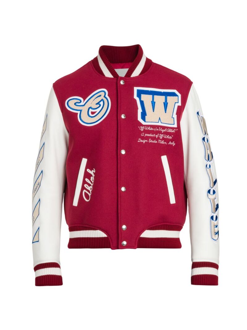 【送料無料】 オフ-ホワイト メンズ ジャケット・ブルゾン アウター Onthego Leather-Sleeve Varsity Jacket red off white