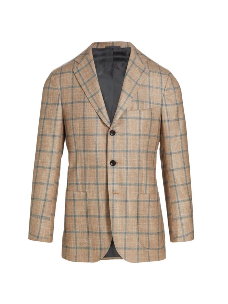 【送料無料】 キートン メンズ ジャケット・ブルゾン アウター Plaid Wool & Cashmere-Blend Three-Button Sport Coat beige