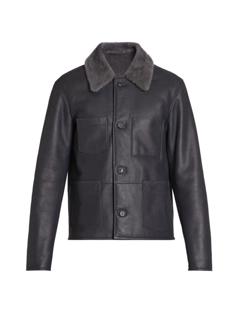 【送料無料】 オフィシンジェネレール メンズ ジャケット・ブルゾン アウター Federico Shearling-Trimmed Leather Jacket dark grey