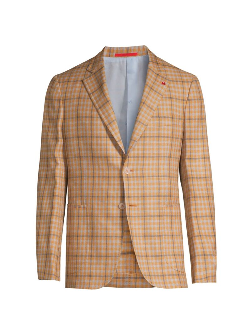 【送料無料】 イザイア メンズ ジャケット・ブルゾン アウター Capri Two-Button Plaid Silk & Cashmere-Blend Sport Coat medium orange