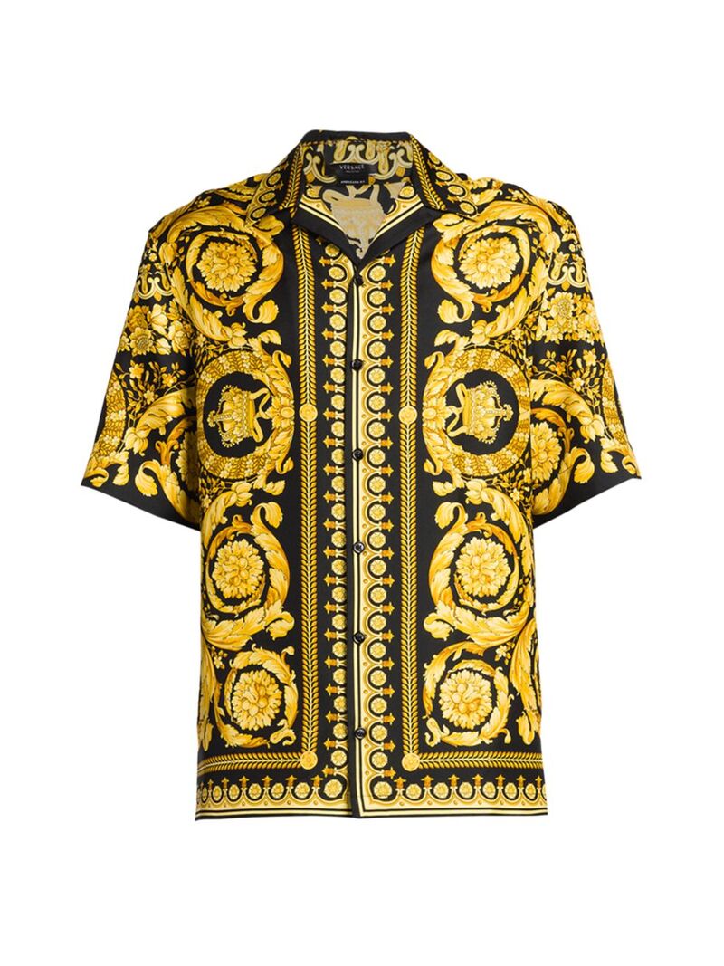 【送料無料】 ヴェルサーチ メンズ シャツ トップス Printed Silk Shirt black gold