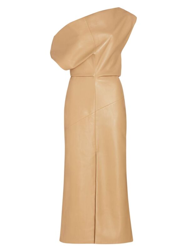 ̵ ץ󥶥顼 ǥ ԡ ȥåץ Off-The-Shoulder Leather Midi-Dress light khaki