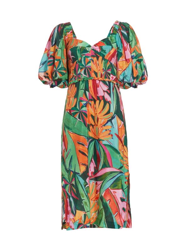 ̵ ե ǥ ԡ ȥåץ Banana Foliage Puff-Sleeve Cotton Voile Midi-Dress multi