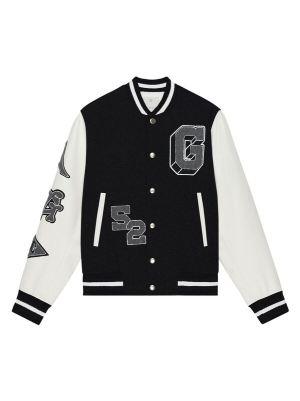 【送料無料】 ジバンシー メンズ ジャケット・ブルゾン アウター Varsity Jacket In Embroidered Wool And Leather black white