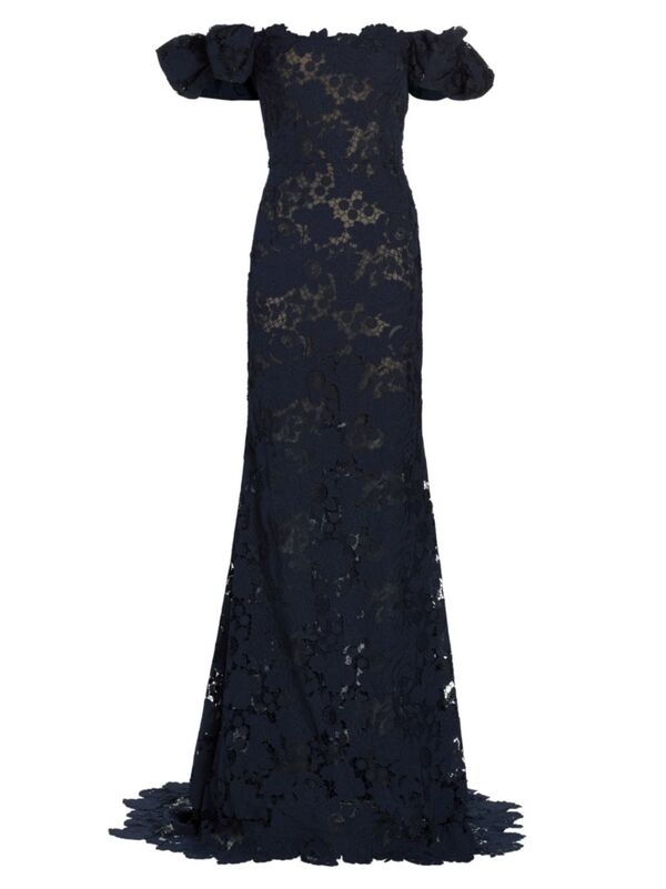 【送料無料】 オスカー デ ラ レンタ レディース ワンピース トップス Botanical Guipure Lace Off-the-Shoulder Gown navy