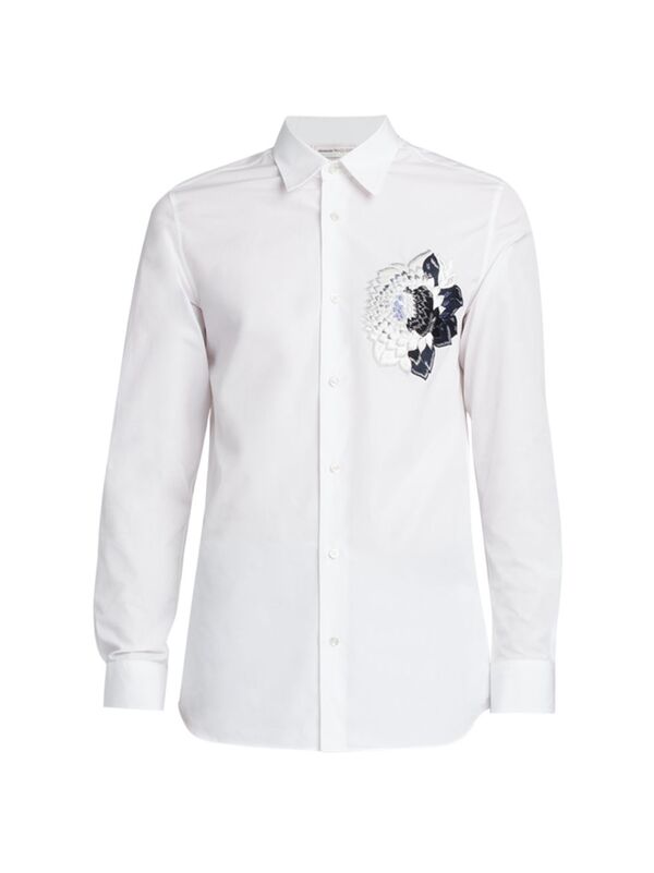 【送料無料】 アレキサンダー マックイーン メンズ シャツ トップス Flower-Embroidered Cotton Button-Front Shirt optical white