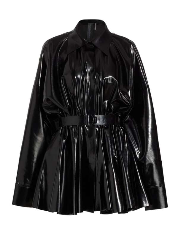 ̵ Ρޥޥ ǥ ԡ ȥåץ Faux Patent Leather Oversized Tie-Waist Shirtdress black