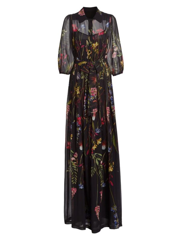 【送料無料】 テリジョンバイリッキーフリーマン レディース ワンピース トップス Chiffon Floral Puff-Sleeve Gown black multi