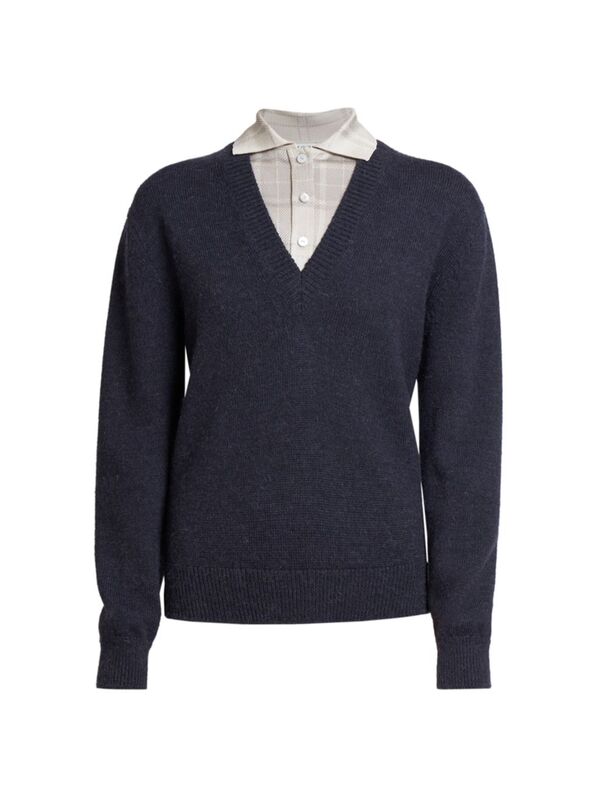 ̵  ǥ ˥åȡ  Trompe L'Oeil Wool-Blend V-Neck Sweater navy grey