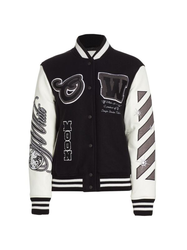 【送料無料】 オフ-ホワイト レディース ジャケット・ブルゾン アウター Meteor Moon Varsity Jacket black white