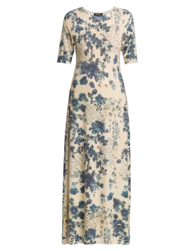 ̵ ԥ ǥ ԡ ȥåץ Blue Eyes Hill Printed Cashmere & Silk Maxi Dress blue white