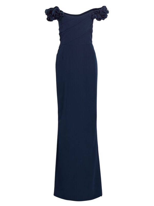 ̵ ޥ륱å ǥ ԡ ȥåץ Floral Applique Silk Off-the-Shoulder Gown navy