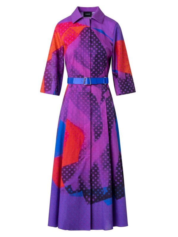 ̵ ꥹ ǥ ԡ ȥåץ Printed Wool & Silk-Blend Belted Shirtdress purple multicolor