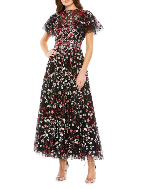【送料無料】 マックダガル レディース ワンピース トップス Floral Embroidered Flutter-Sleeve Midi-Dress black multi