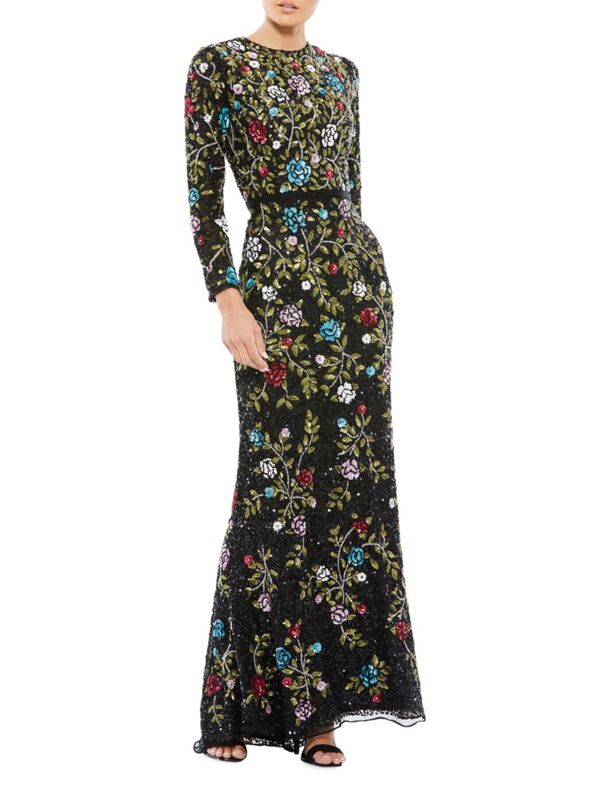 【送料無料】 マックダガル レディース ワンピース トップス Long-Sleeve Floral Embellished Gown black multi