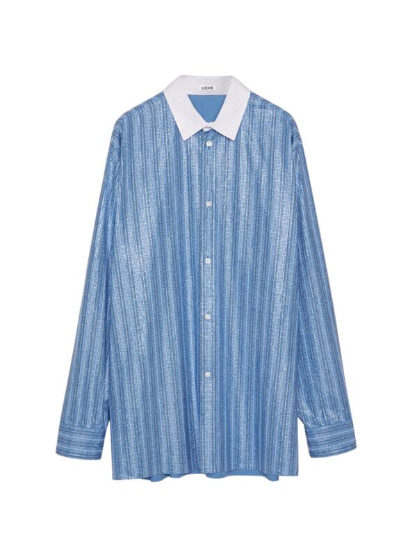 【送料無料】 ロエベ メンズ シャツ トップス Embellished Cotton Long-Sleeve Shirt stone blue