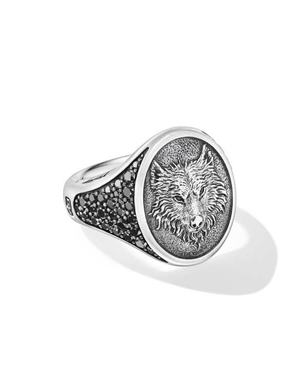 【送料無料】 デイビット・ユーマン メンズ リング アクセサリー Petrvs Wolf Signet Ring in Sterling Silver black diamond