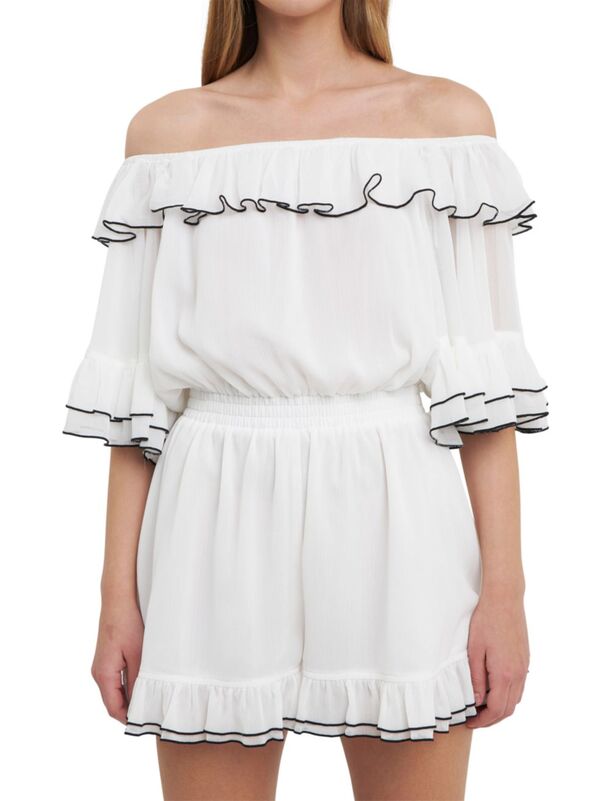 【送料無料】 エンドレスローズ レディース ジャンプスーツ トップス Contrast Edge Off Shoulder Romper white black