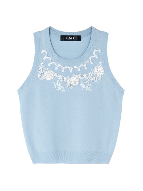 ̵ 륵 ǥ 󥯥ȥå ȥåץ Embroidered Wool &Cashmere Crop Sweater Vest pastel blue