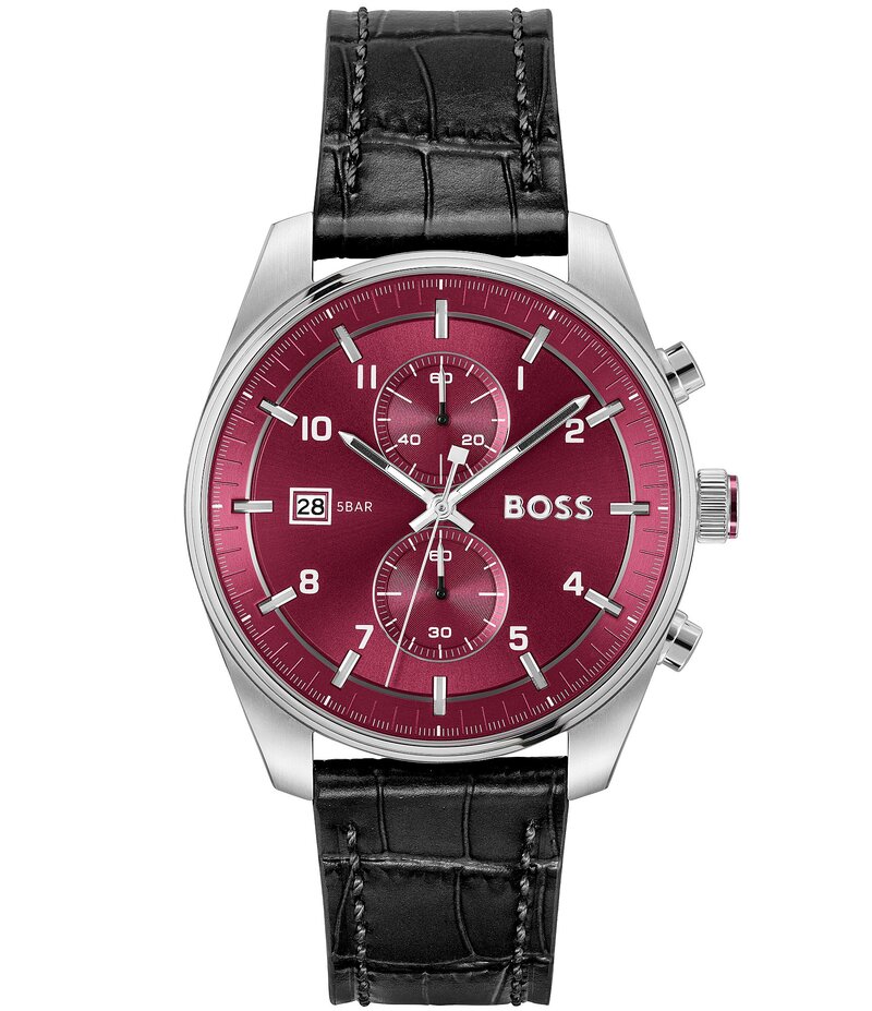 【送料無料】 ヒューゴボス レディース 腕時計 アクセサリー Men's Skytraveller Quartz Chronograph Burgundy Dial Black Leather Strap Watch Black