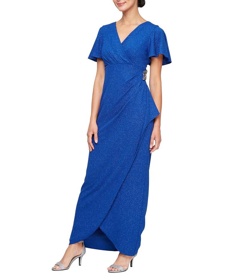 【送料無料】 イグナイト レディース ワンピース トップス Short Flutter Sleeve V-Neck Glitter Knit Empire Embellished Waist Faux Wrap Maxi Dress Cobalt