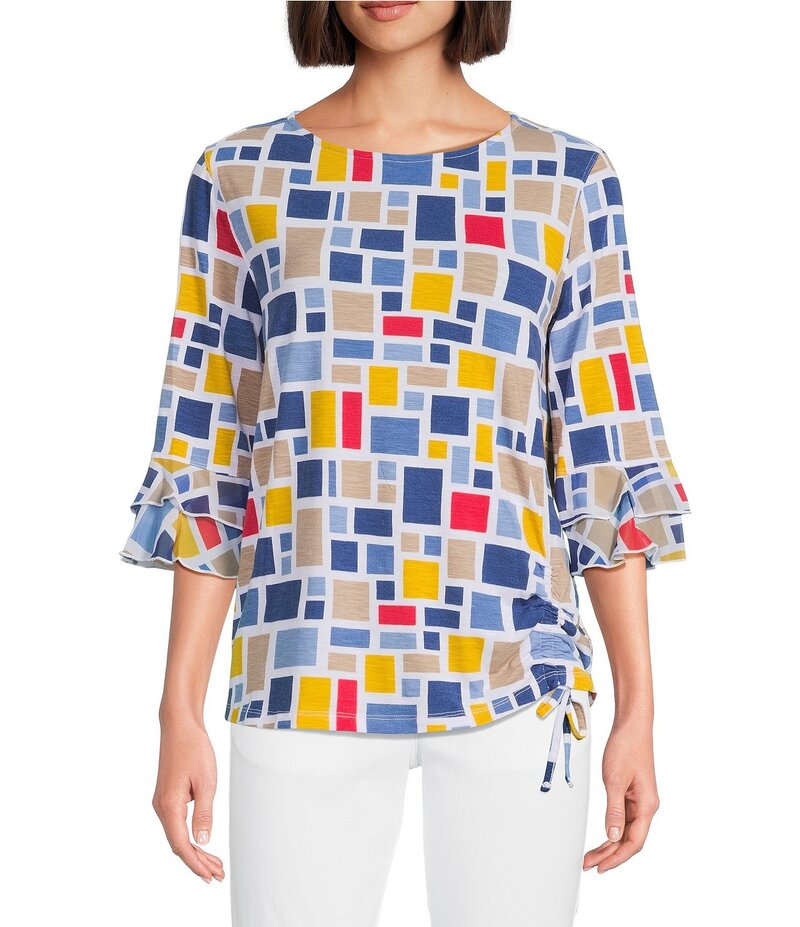 【送料無料】 マルチプルズ レディース シャツ トップス Slub Knit Georgette Printed Boat Neck 3/4 Sleeve Fitted Ruched Side Drawstring Top Block Multi Liberty