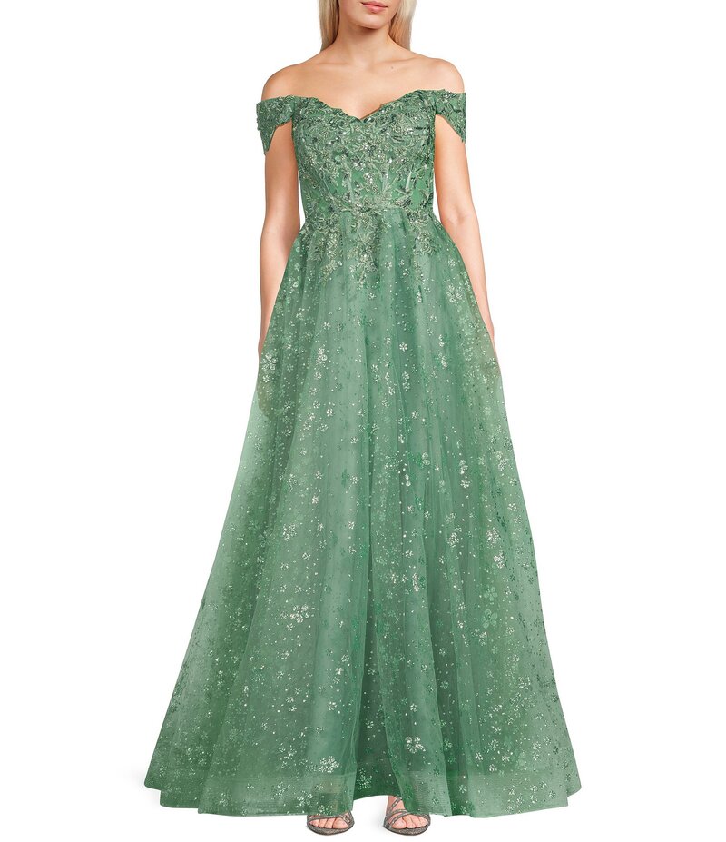 【送料無料】 ビーダーリン レディース ワンピース トップス Patterned Glitter Mesh Sweetheart Neck Off-The-Shoulder Dress Dark Sage