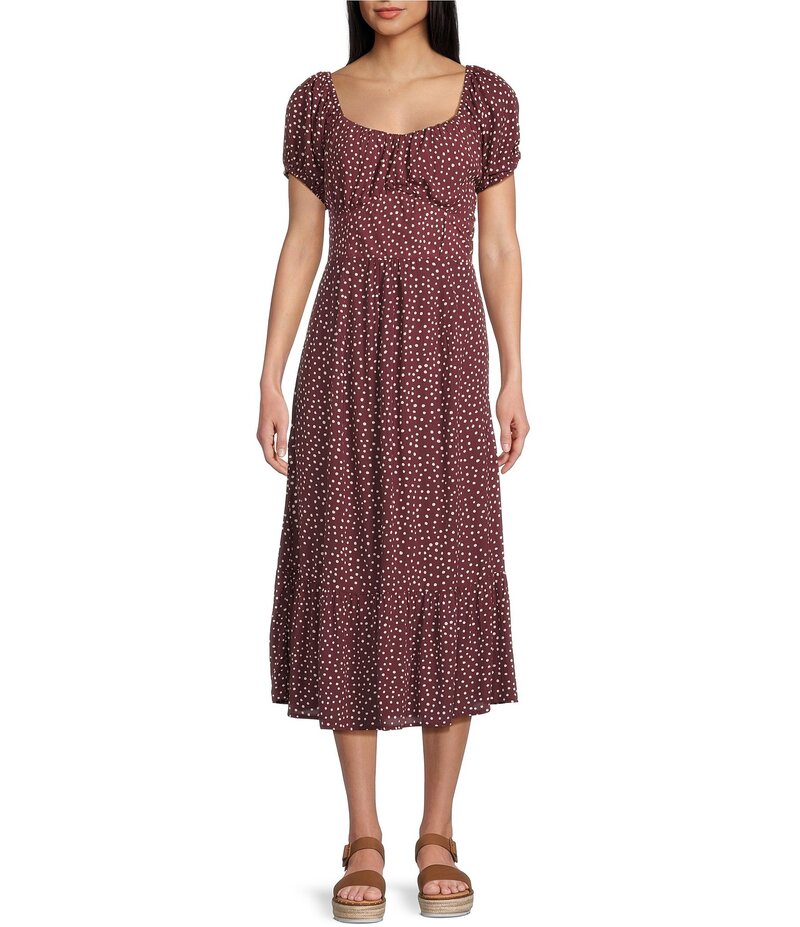 アンジー レディース トップス ワンピース フリル裾 ミディワンピース プリント フリル ミディ Angie Dot Print Scoop Neck Short Puff Sleeve Ruffle Hem Midi Dress Chocolate チョコレート