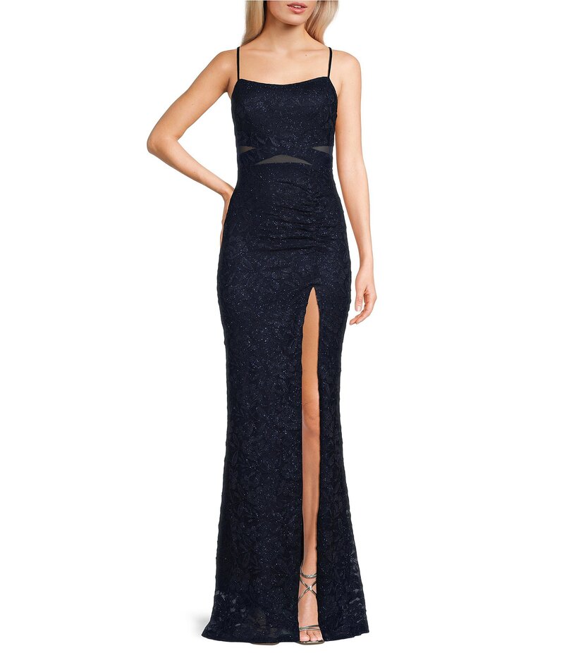 【送料無料】 ハニーアンドロージー レディース ワンピース トップス Glittered Stretch Lace Square Neck Criss Cross Mesh Insert Front Slit Dress Navy