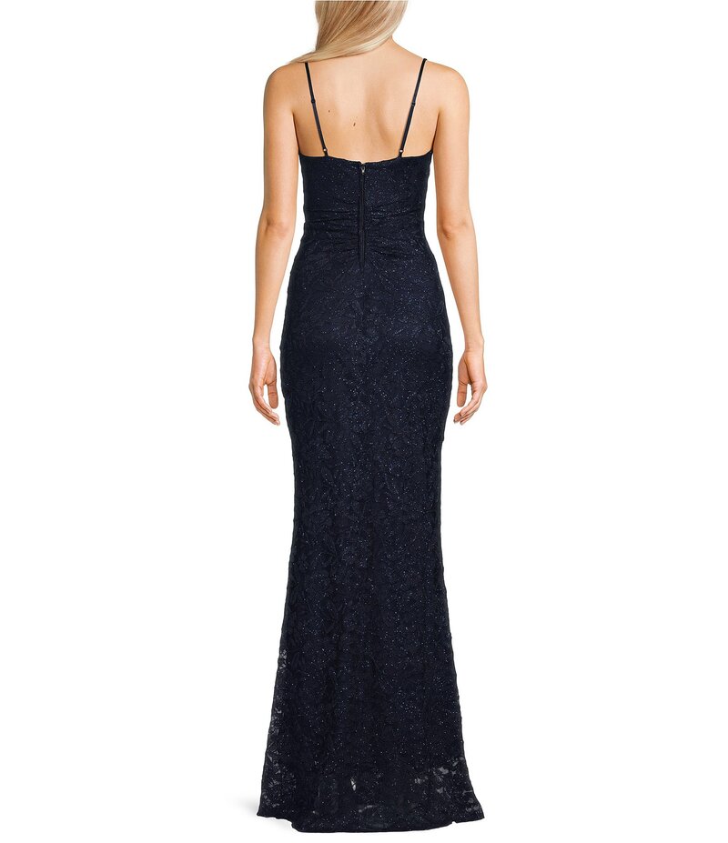 【送料無料】 ハニーアンドロージー レディース ワンピース トップス Glittered Stretch Lace Square Neck Criss Cross Mesh Insert Front Slit Dress Navy