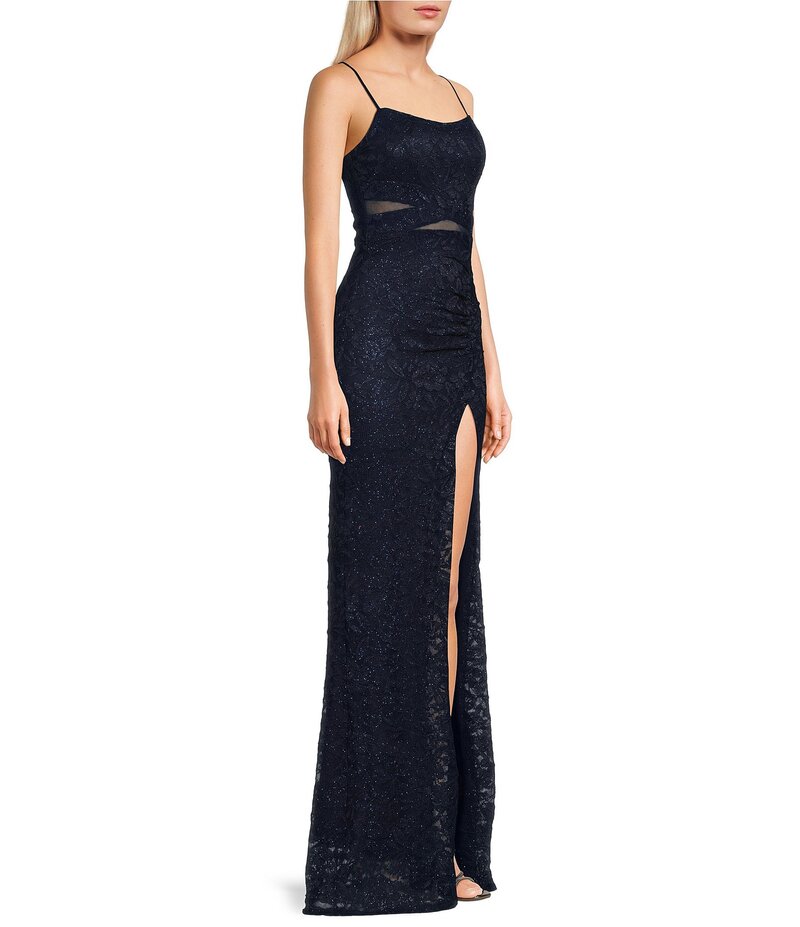 【送料無料】 ハニーアンドロージー レディース ワンピース トップス Glittered Stretch Lace Square Neck Criss Cross Mesh Insert Front Slit Dress Navy