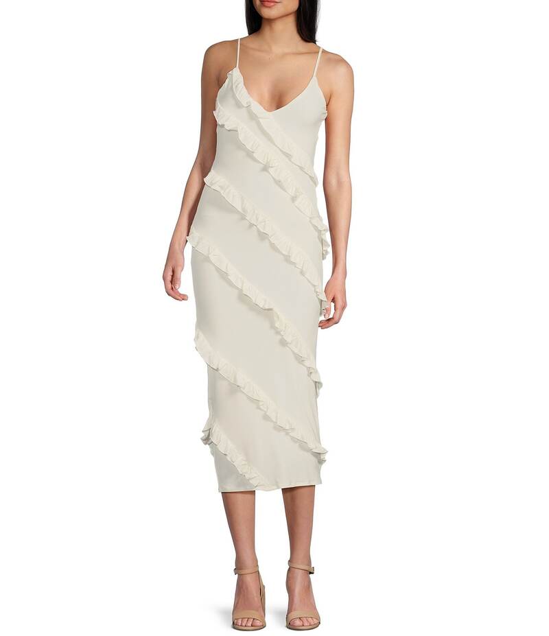 ハニーアンドロージー レディース トップス ワンピース Vネック ミディワンピース フリル ミディ Honey and Rosie V-Neck Spaghetti Strap Ruffle Fitted Midi Dress Ivory アイボリー