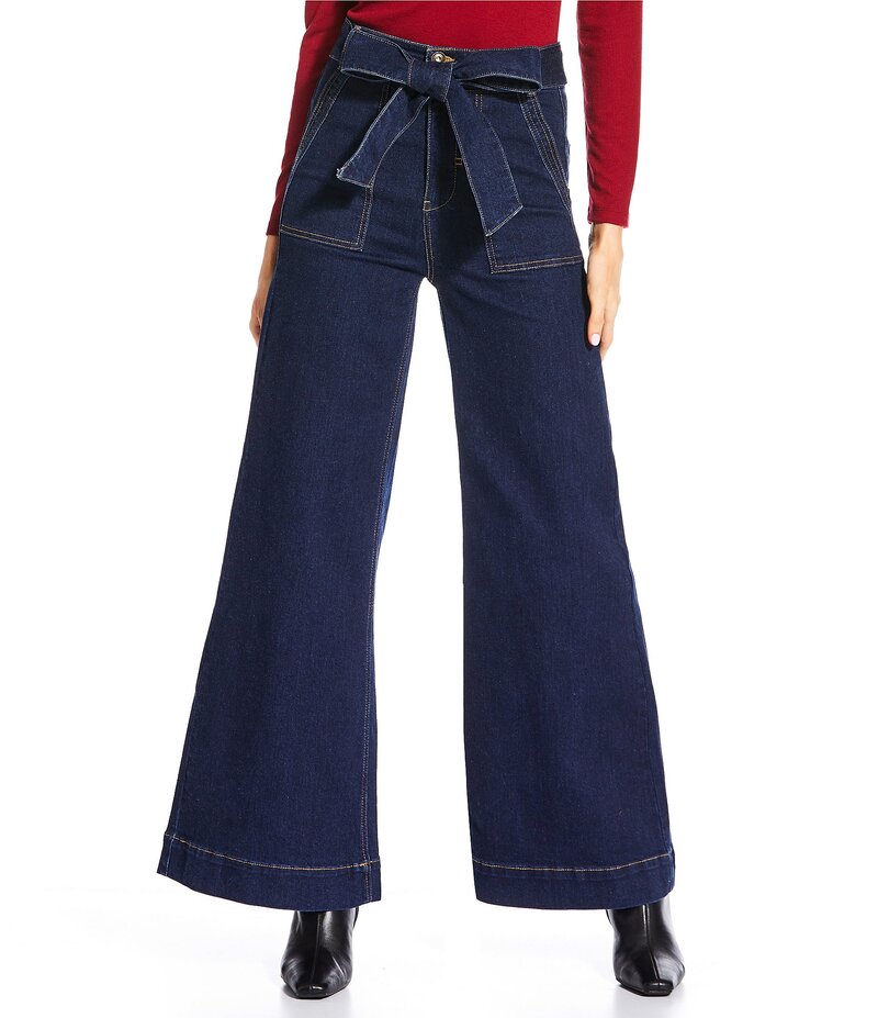 エーラブズエー レディース ボトムス デニムパンツ フレア デニム ジーンズ A Loves A Denim High Rise Bow Tie Waist Wide Flare Leg Full Length Jeans Dark Vintage デニム