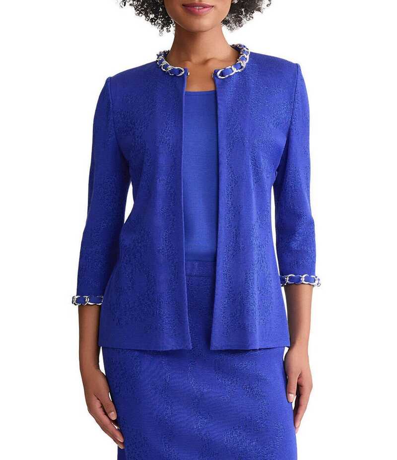 【送料無料】 ミンウォン レディース コート アウター Petite Knit Chain Crew Neck 3/4 Sleeve Ribbon Chain Trim Jacket Sapphire Sea