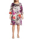 【送料無料】 キャロライン ローズ レディース ワンピース トップス Plus Bella Floral Print Satin Round Neck 3/4 Bell Sleeve Shift Dress Multi Black