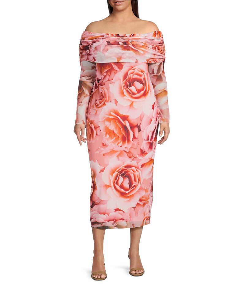 【送料無料】 エーエフアールエム レディース ワンピース トップス Plus Cornelia Floral Print Off The Shoulder Long Sleeve Midi Dress Peach Roses