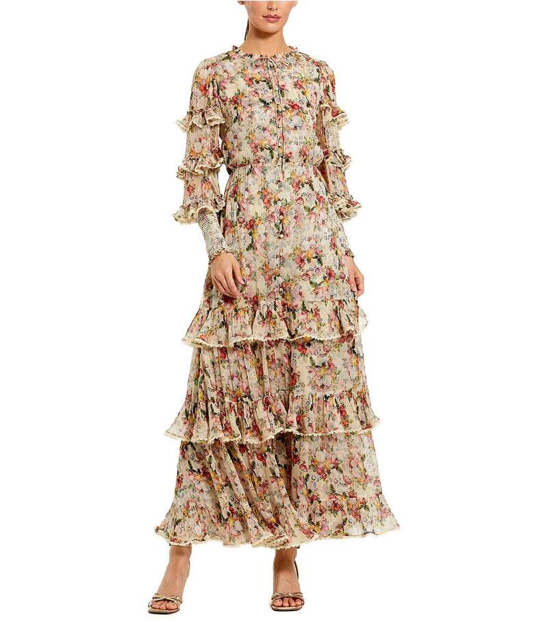 【送料無料】 マックダガル レディース ワンピース トップス Long Sleeve Floral Print Ruffle Dress Yellow Multi